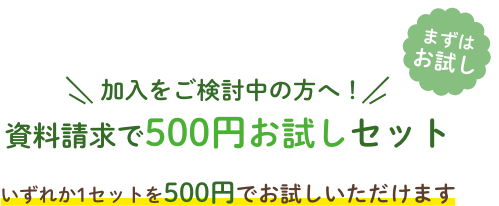 加入をご検討中の方へ 資料請求で500円お試しセット いずれか1セットを500円でお試しいただけます。